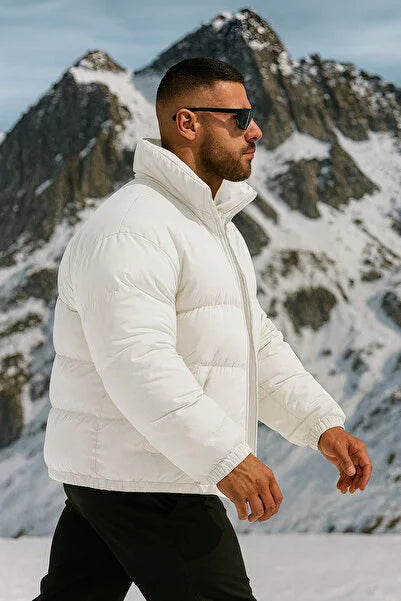 Erkek Beyaz Astarlı Slimfit Su ve Rüzgar Geçirmez Dik Yaka Şişme Mont