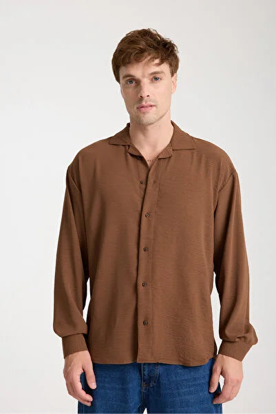 Erkek Koyu Turkuaz Kırışmaya Dayanıklı Keten Görünümlü Rahat Kesim Uzun Kollu Aerobin Gömlek