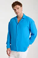 Erkek Koyu Turkuaz Kırışmaya Dayanıklı Keten Görünümlü Rahat Kesim Uzun Kollu Aerobin Gömlek