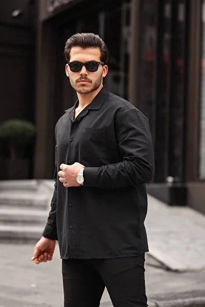 Erkek Cepli Oversize Apaş Yaka Keten Gömlek