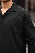 Erkek Cepli Oversize Apaş Yaka Keten Gömlek