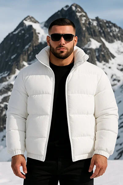 Erkek Beyaz Astarlı Slimfit Su ve Rüzgar Geçirmez Dik Yaka Şişme Mont