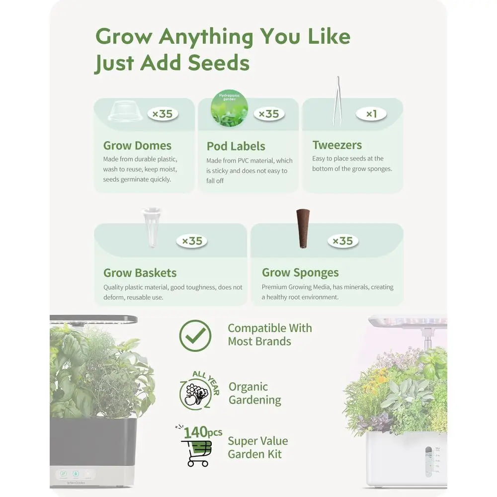 140 Parçalık Hidroponik Sistem Seti – AeroGarden Uyumlu, Ot Yetiştirme Kiti Temel Parçaları (Süngerler, Sepetler, Kapaklar, Etiketler)